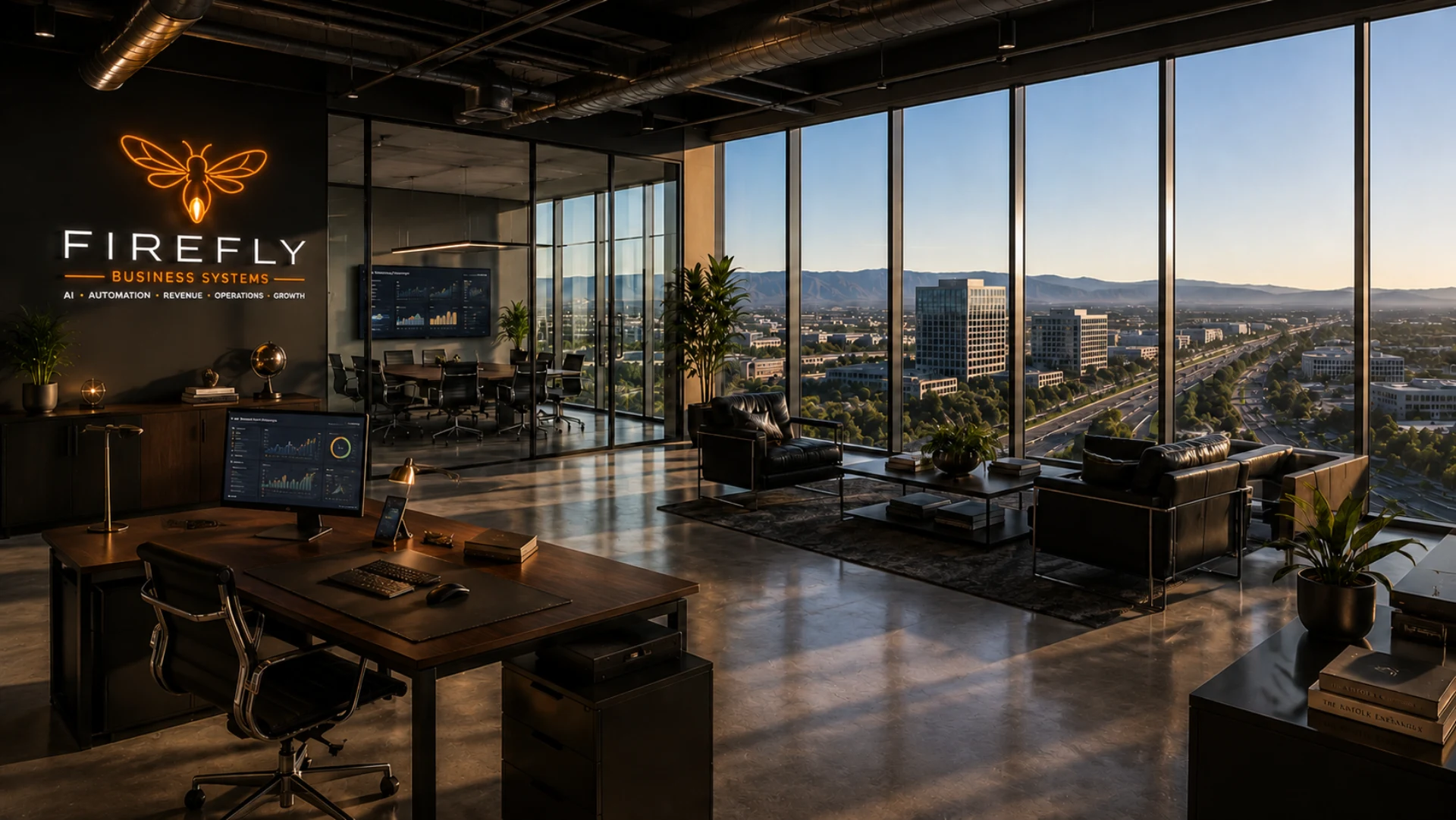 The Firefly Business Systems office in Irvine, California — floor-to-ceiling windows with city and mountain views, illuminated Firefly Business Systems wall branding, and a conference room beyond.